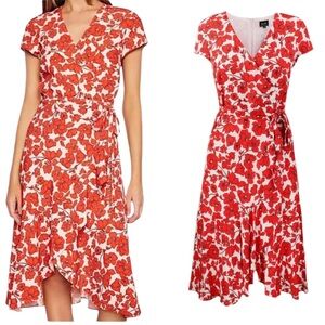 LN Bardot Fiesta Red Floral Faux Wrap Tie Waist Asymmetrical Midi Dress - 6